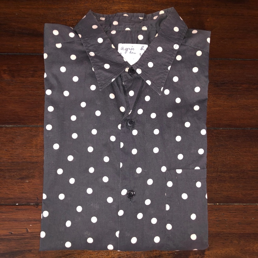 AGNES B. Grey & White Polka Dot Dress Shirt / MID 80s